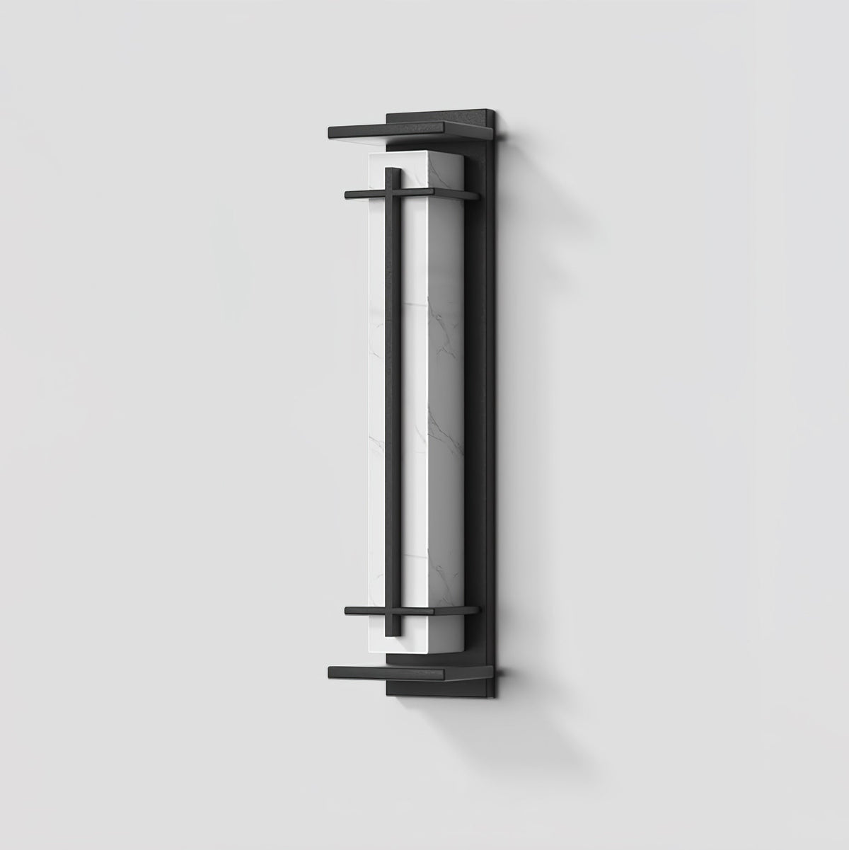 Unlit Clérachic wall light shown from a slight angle on a pale grey wall, the white marbled shade set in a dark frame.