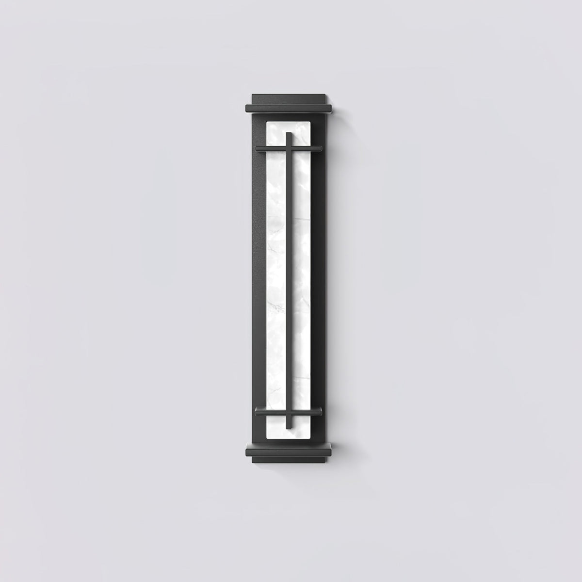 Front view of an unlit wall light, the white marbled shade behind a dark frame, against a pale grey wall; from Clérachic.