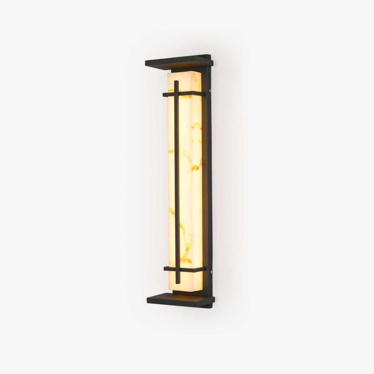 Lit wall light with golden veining visible in the pale shade, dark frame and top canopy, on a white backdrop; this Clérachic design.