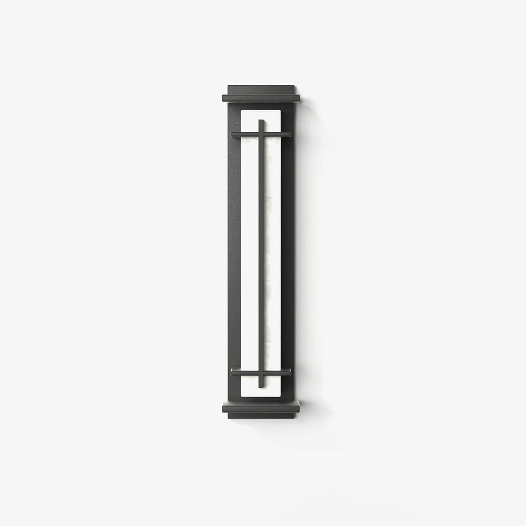 Unlit wall light seen from the front on white, a pale veined strip showing between dark frame bars; from Clérachic.