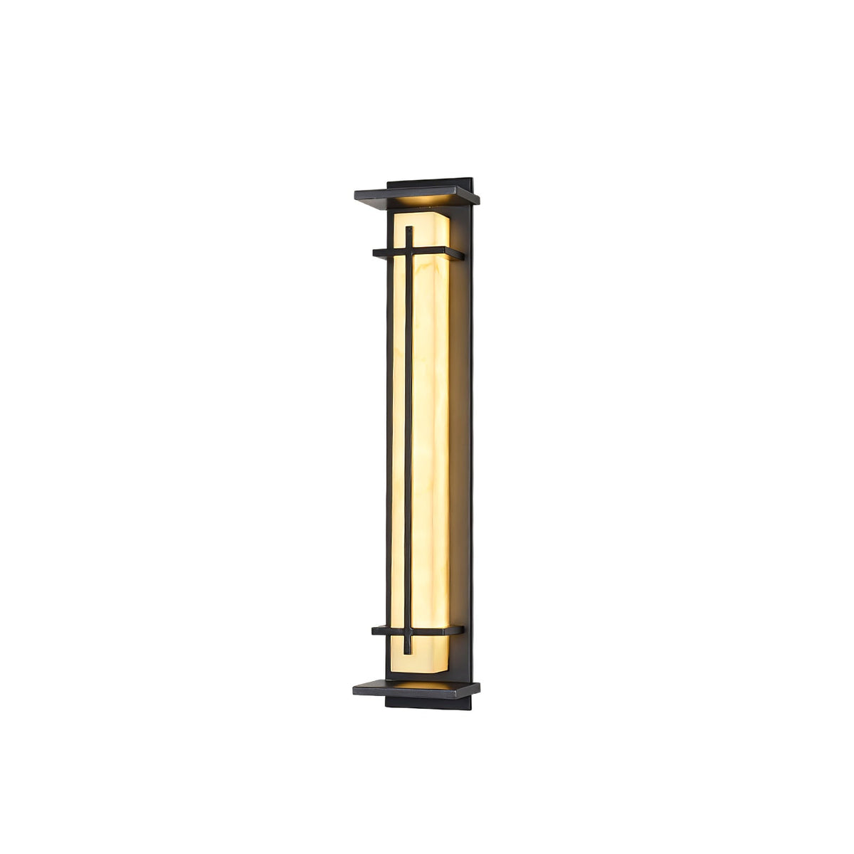 Lit Clérachic wall light on white, with the warm shade visible and a thin glow at the top of the dark frame.