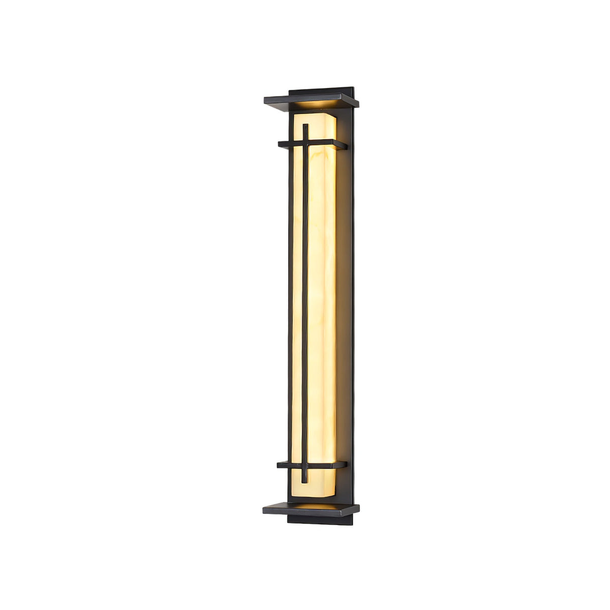 Taller lit Clérachic wall light on a white backdrop, with the glowing shade seen from a slight angle between its dark bars.