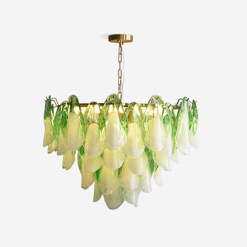 The Clérachic chandelier in sage green glass petals against a plain backdrop, lit and centred.