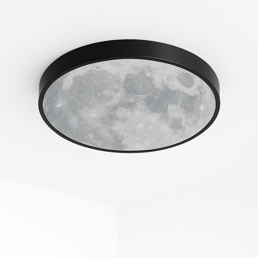 Clérachic round black-rimmed ceiling light with a moon-surface print on its diffuser, shown unlit against a white ceiling.