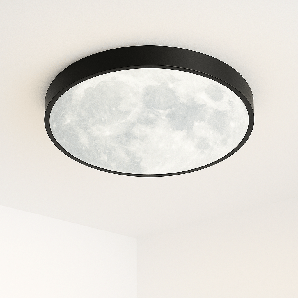 Clérachic slim black-framed flush ceiling light, glowing softly white with a full-moon crater pattern across the disc.