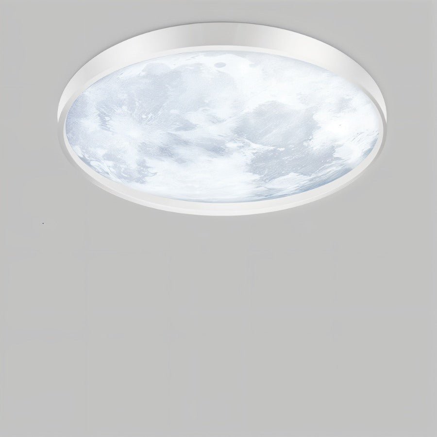 Clérachic slim white-framed ceiling light with a cool-white lunar surface pattern, seen from below on a plain grey ground.