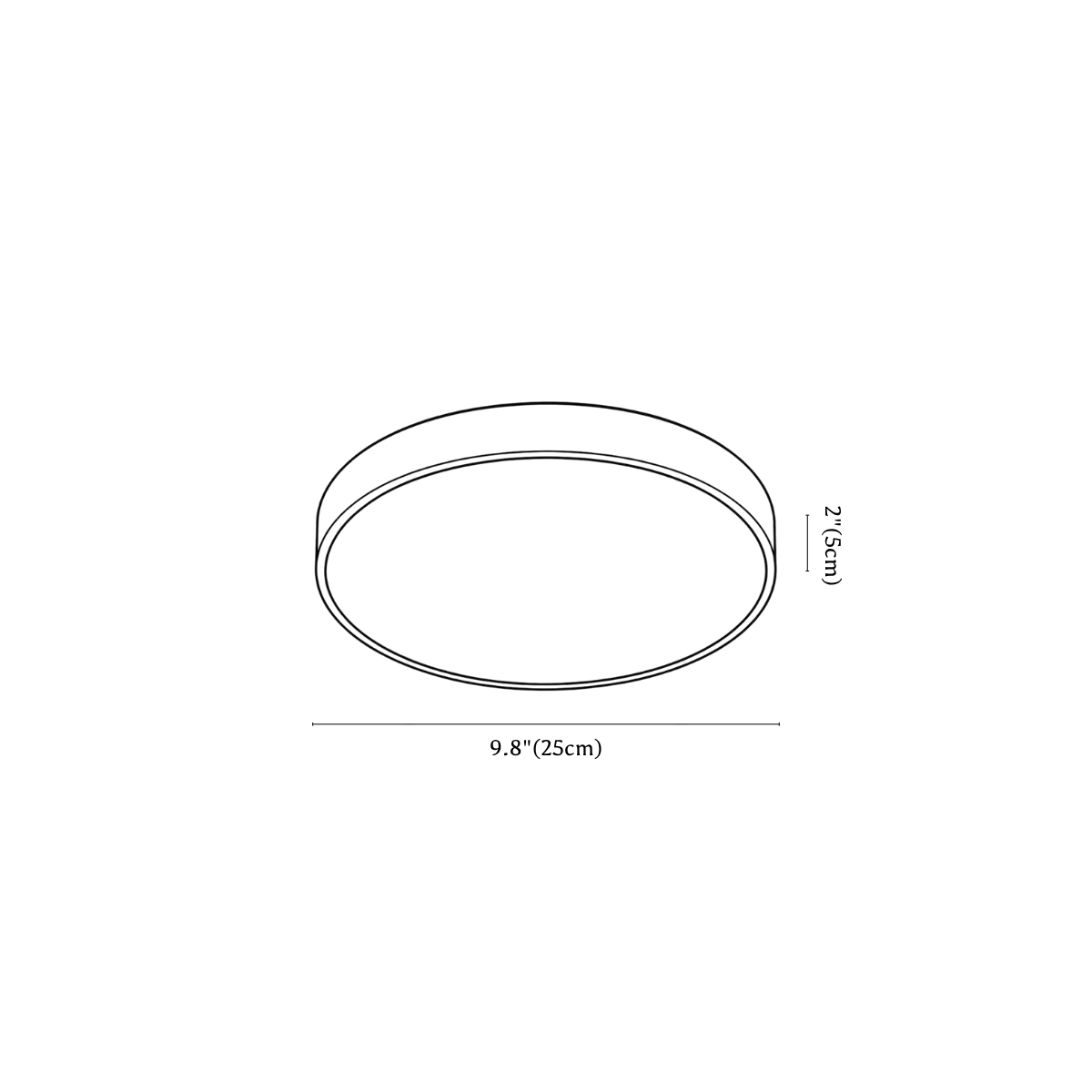 Clérachic ceiling light dimension drawing, 1 of 2, every measurement marked in centimetres and inches.