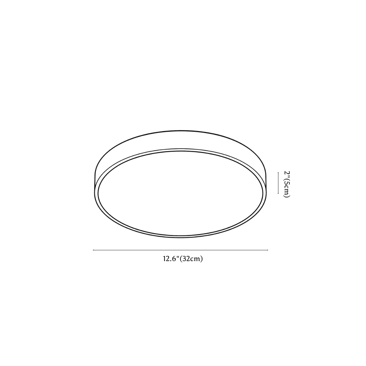 Clérachic ceiling light dimension drawing, 2 of 2, every measurement marked in centimetres and inches.