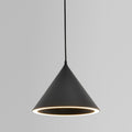Clérachic Funnel Pendant Light in matte black against a grey wall, the acrylic diffuser ring glowing warm white around its rim.