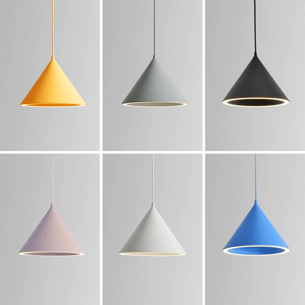 All six colourways of the Clérachic Funnel Pendant Light side by side: yellow, gray, black, pink, white and blue, each on a matched cord.