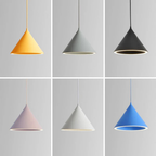 All six colourways of the Clérachic Funnel Pendant Light side by side: yellow, gray, black, pink, white and blue, each on a matched cord.