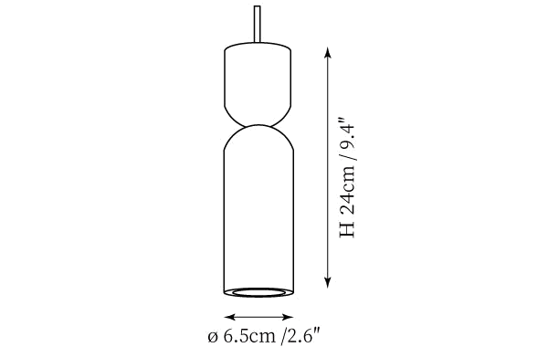 Dimension drawing of this Clérachic pendant, with its height of 24 cm and diameter of 6.5 cm marked.