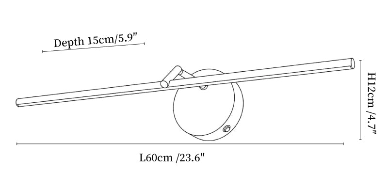 Dimension drawing of the galleria slim rechargeable wall light, in outline against white.
