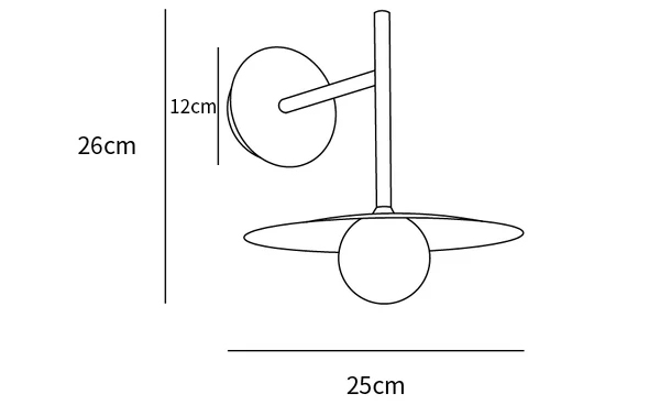Dimension drawing of the gea iron wall lamp, in outline against white.