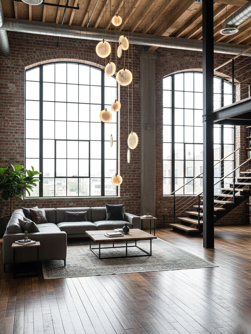 A tall Clérachic cluster of alabaster discs hangs in a loft with brick walls, arched steel windows and a grey sofa below.