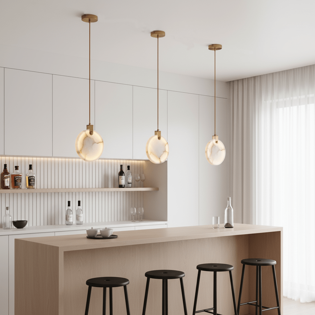 Three single Clérachic alabaster disc pendants on brass rods over a pale kitchen island with black stools and a shelf of bottles.