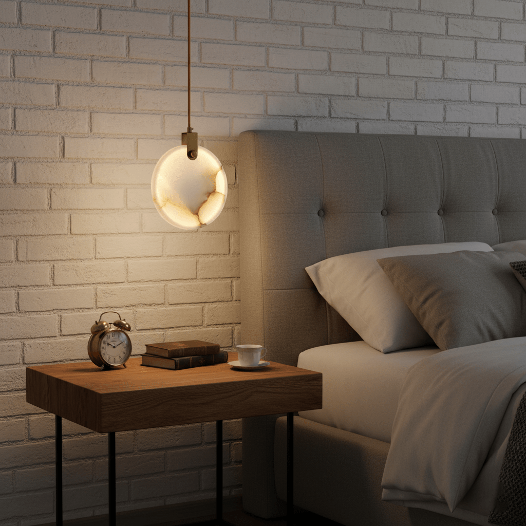 A single Clérachic alabaster disc pendant glows beside a grey tufted bed, in front of a white brick wall and a timber side table.