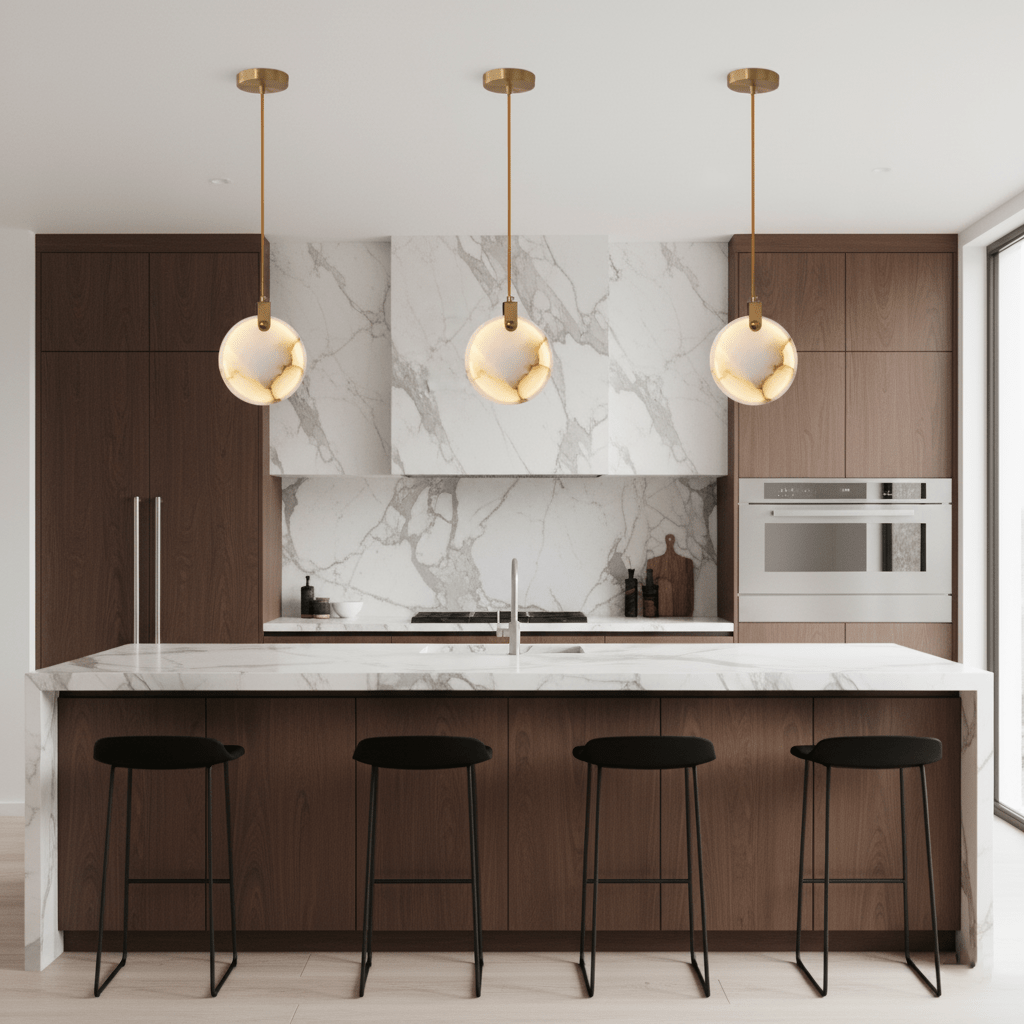 Three Clérachic alabaster disc pendants hang in a row over a marble and walnut kitchen island with four black stools.