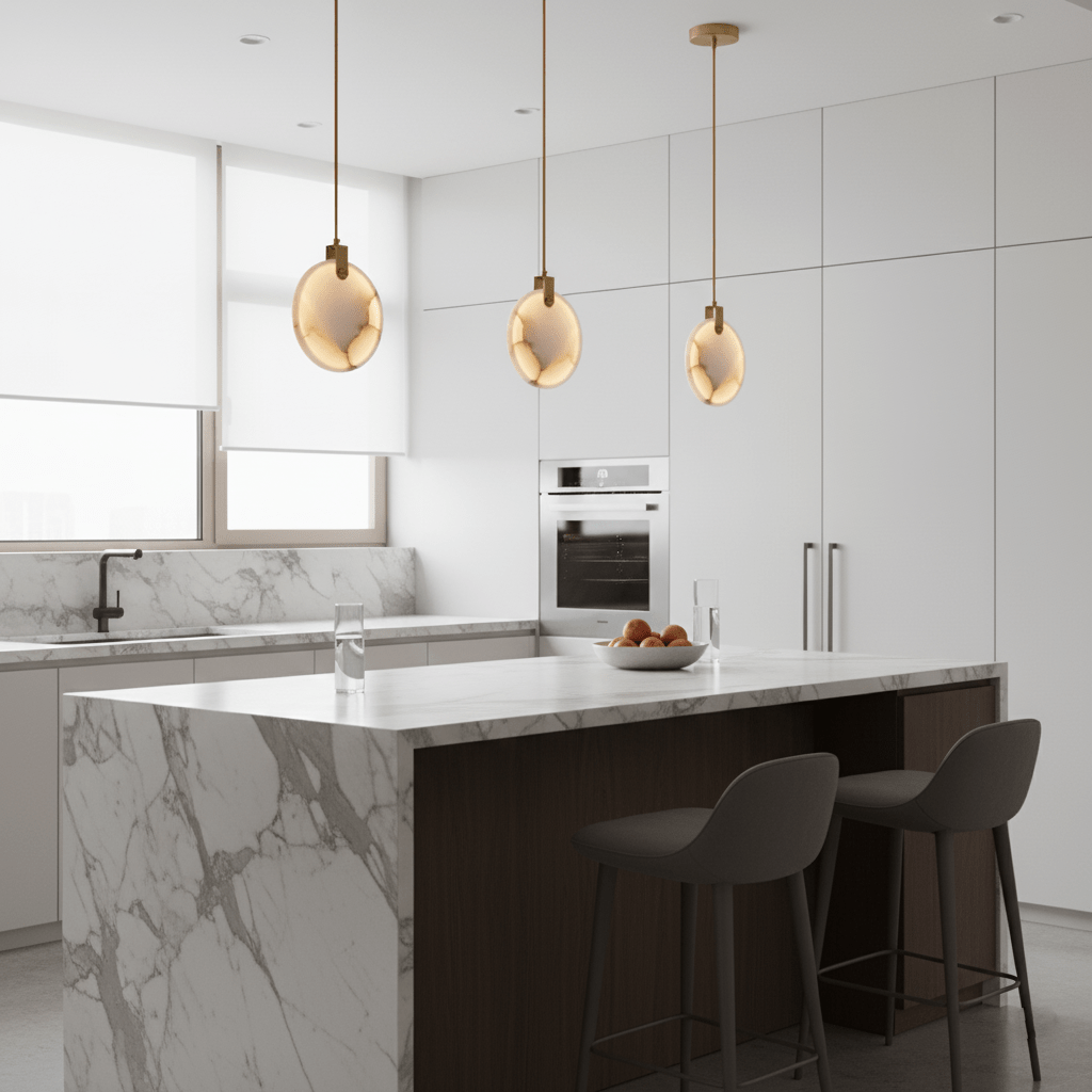 Three alabaster disc pendants from Clérachic in a white kitchen, over a marble island with dark grey stools and a bowl of fruit.