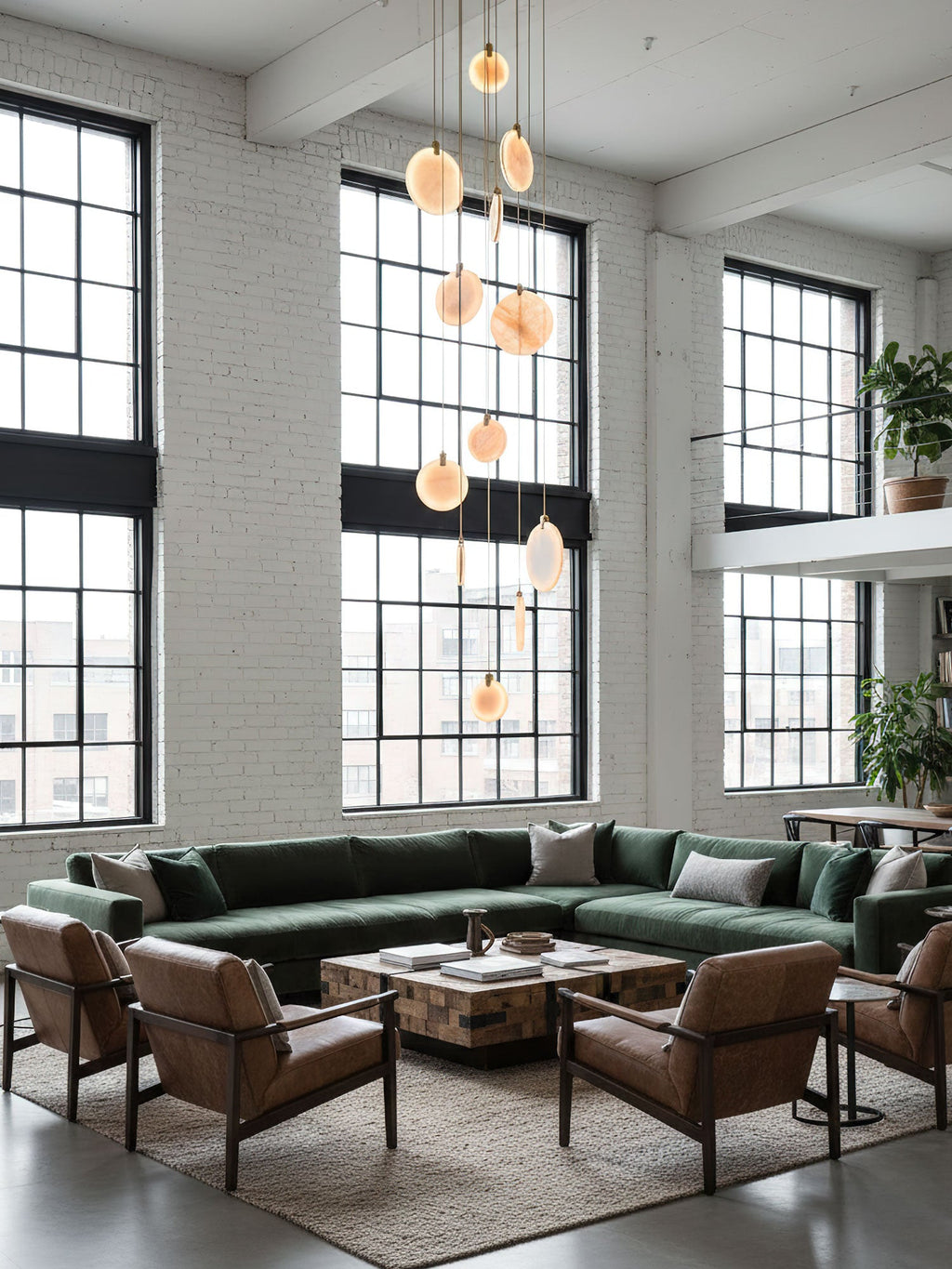A Clérachic alabaster disc cluster hangs in front of tall steel windows, above a green sofa and brown leather armchairs.