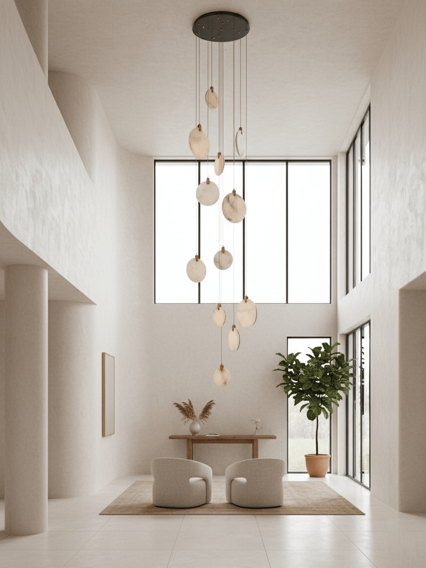 A tall Clérachic cluster of alabaster discs on a dark ceiling plate, in a bright cream double-height room with a plant and two chairs.