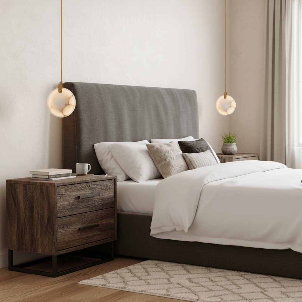 Two Clérachic alabaster disc pendants hang at either side of a bed with a grey headboard, above a rustic wood bedside chest.