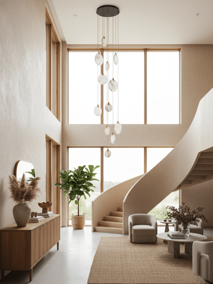 Clérachic alabaster disc pendants on a dark ceiling plate hang in a double-height room with a curving cream staircase.