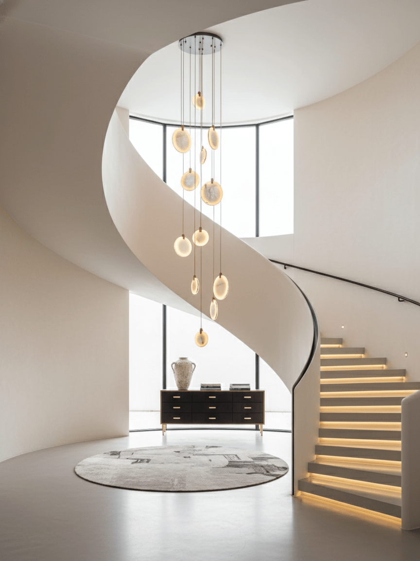 A cluster of alabaster discs from Clérachic hangs inside a spiral cream staircase with lit steps, above a round rug and a black sideboard.