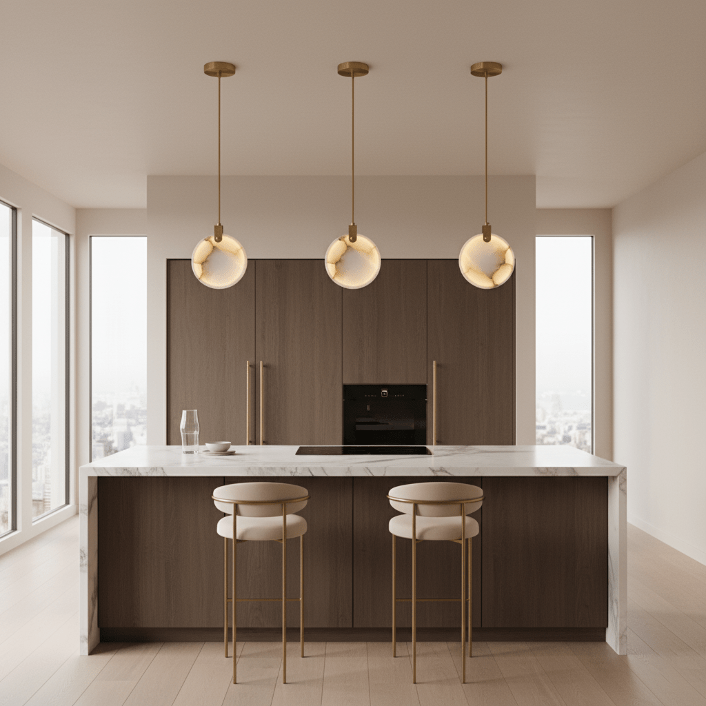 Three lit Clérachic alabaster disc pendants on brass rods over a walnut kitchen with a marble island and two cream stools.