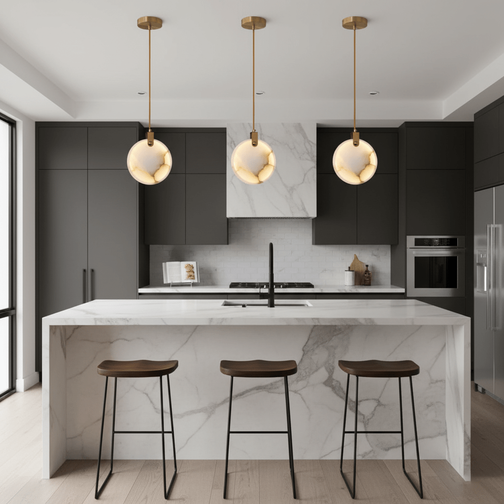Three Clérachic alabaster disc pendants hang in a row above a marble island and wooden stools in a dark grey kitchen.