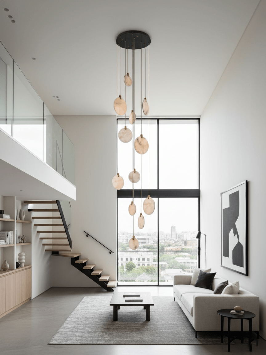 A Clérachic alabaster disc cluster on a dark ceiling plate hangs in front of a tall window in a minimal living room with an open staircase.