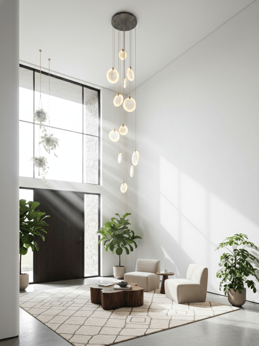 Tall Clérachic alabaster disc cluster on a dark ceiling plate, hanging in a white double-height hall with plants and low chairs.