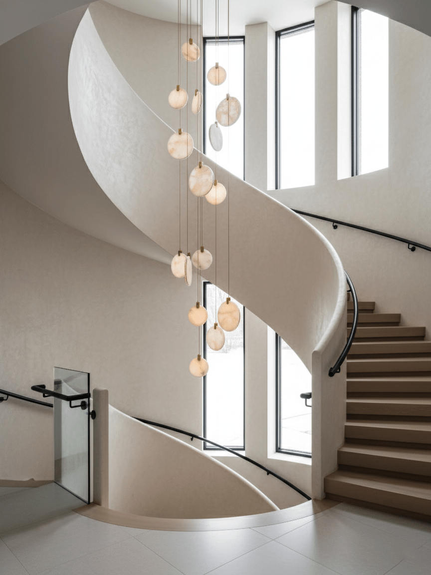 Alabaster disc pendants from Clérachic hang beside a curving pale staircase with timber steps and tall narrow windows.