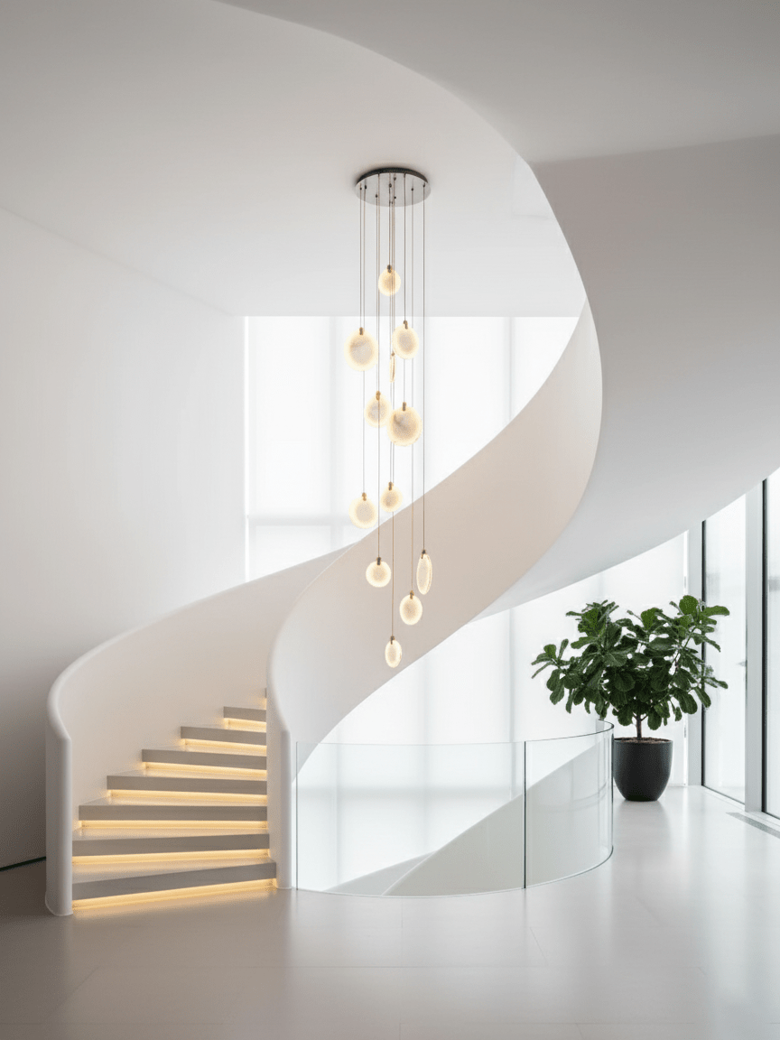 A Clérachic alabaster disc cluster hangs in the open well of a white spiral staircase with softly lit steps and a potted plant.