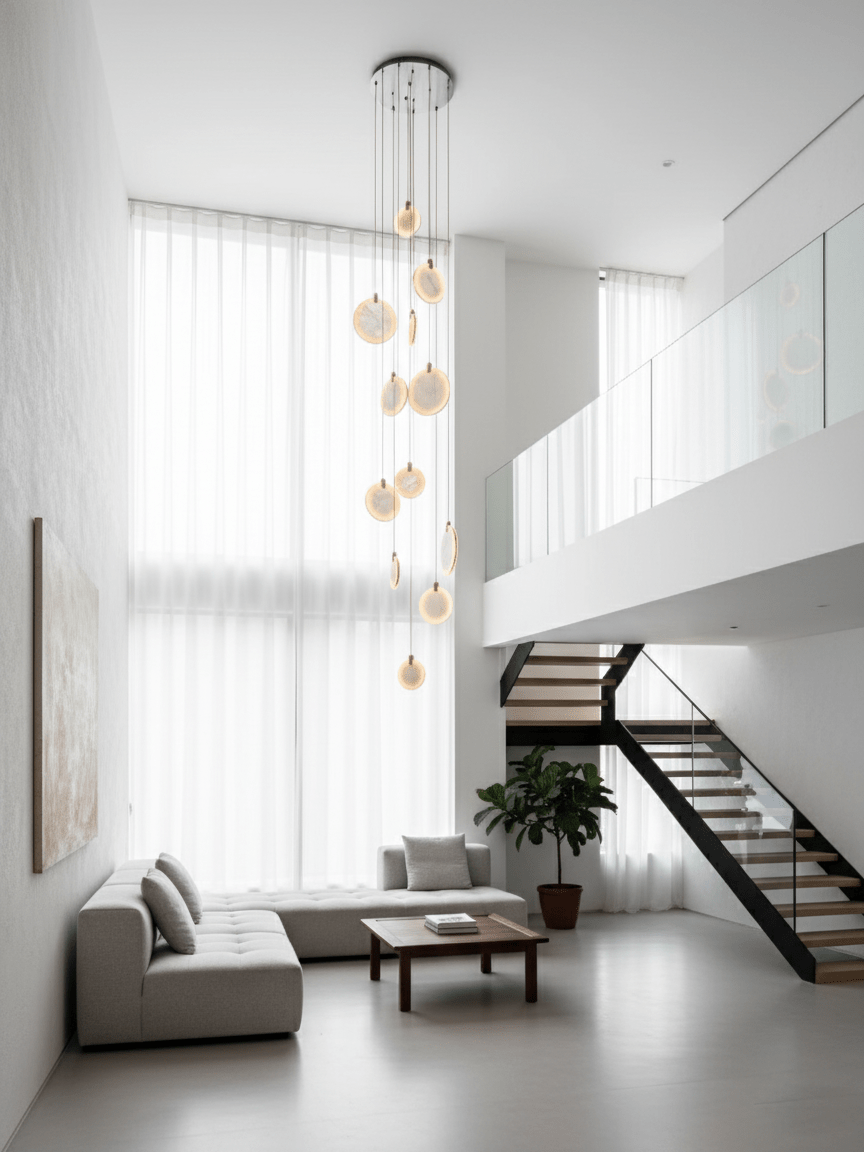 Clérachic alabaster disc pendants hang in front of sheer floor-length curtains in a white room with a mezzanine and a pale sofa.