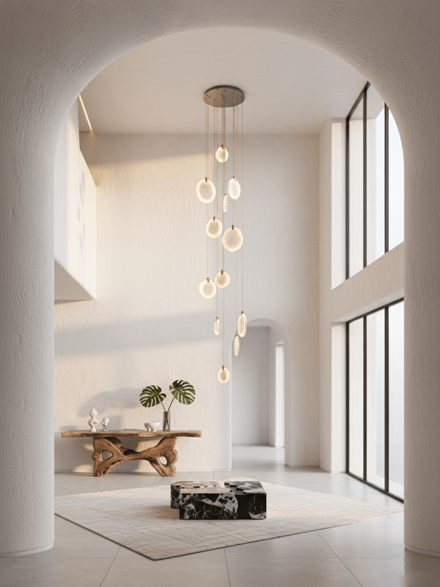 A narrow Clérachic cluster of alabaster discs seen through an arched opening, above a plain rug and a sculptural wooden console.