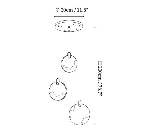 Clérachic pendant light dimension drawing, 1 of 5, every measurement marked in centimetres and inches.
