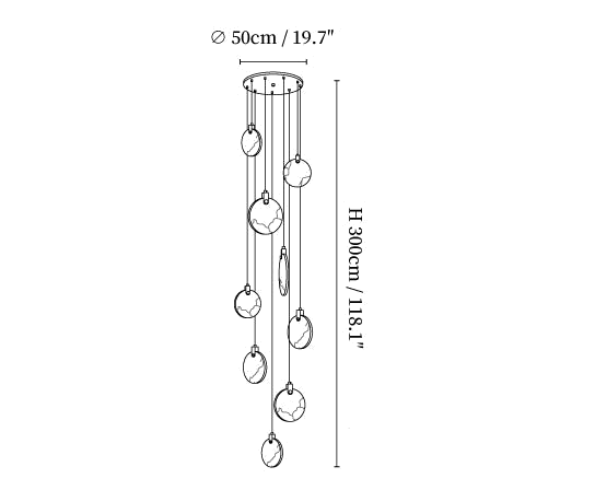 Clérachic pendant light dimension drawing, 2 of 5, every measurement marked in centimetres and inches.