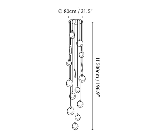 Clérachic pendant light dimension drawing, 4 of 5, every measurement marked in centimetres and inches.