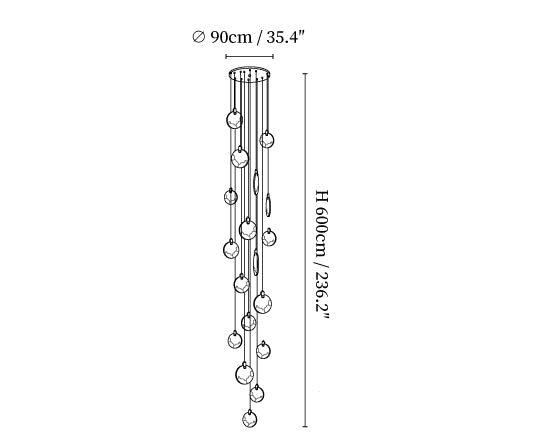 Clérachic pendant light dimension drawing, 5 of 5, every measurement marked in centimetres and inches.