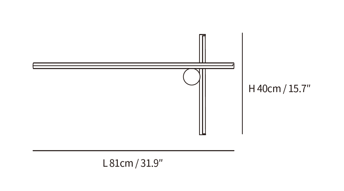 Clérachic wall light dimension drawing, every measurement marked in centimetres and inches.