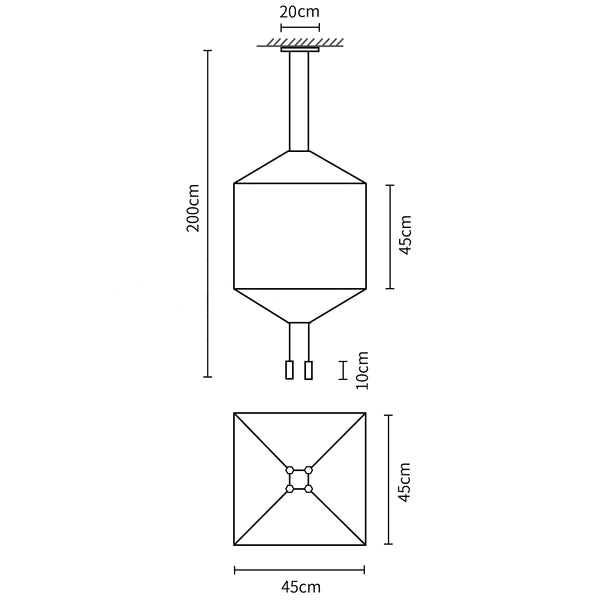 Dimension drawing of this Clérachic pendant in the 45 cm square size, with its height and width marked.