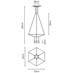 Dimension drawing of this Clérachic pendant in the 55 cm hexagonal size, with its height and width marked.