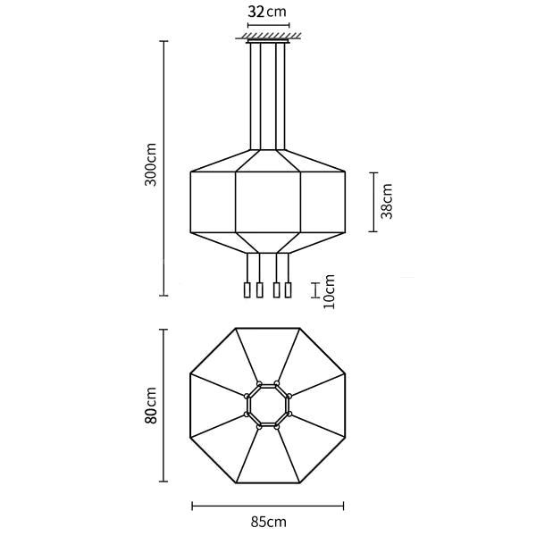 Dimension drawing of this Clérachic pendant in the 80 cm octagonal size, with its height and width marked.
