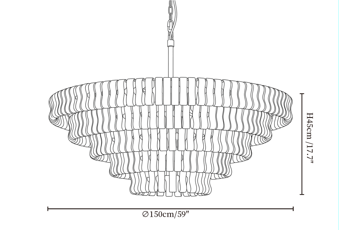 Dimension drawing of this Clérachic chandelier, with its 45 cm height and 150 cm width marked.