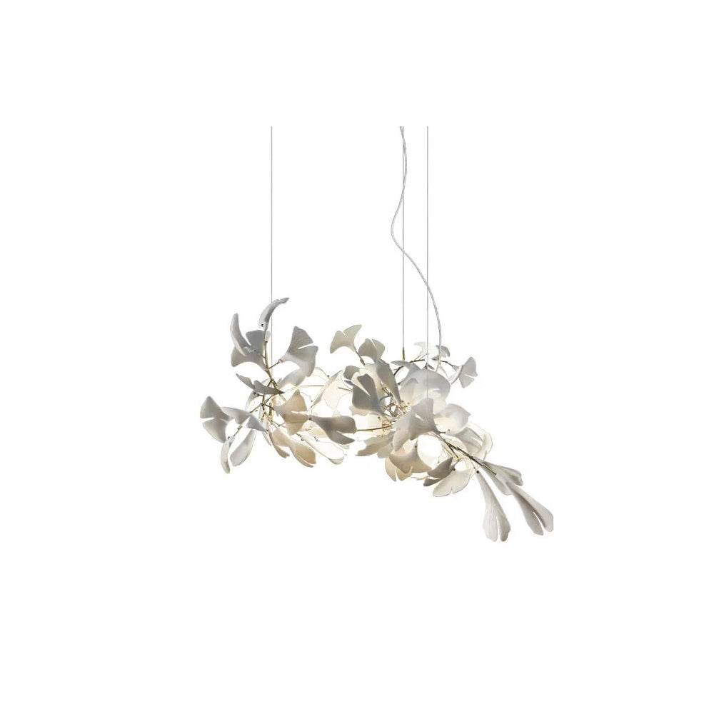 Clérachic gingko chandelier on white, a compact spray of pale ceramic leaves on slender stems.