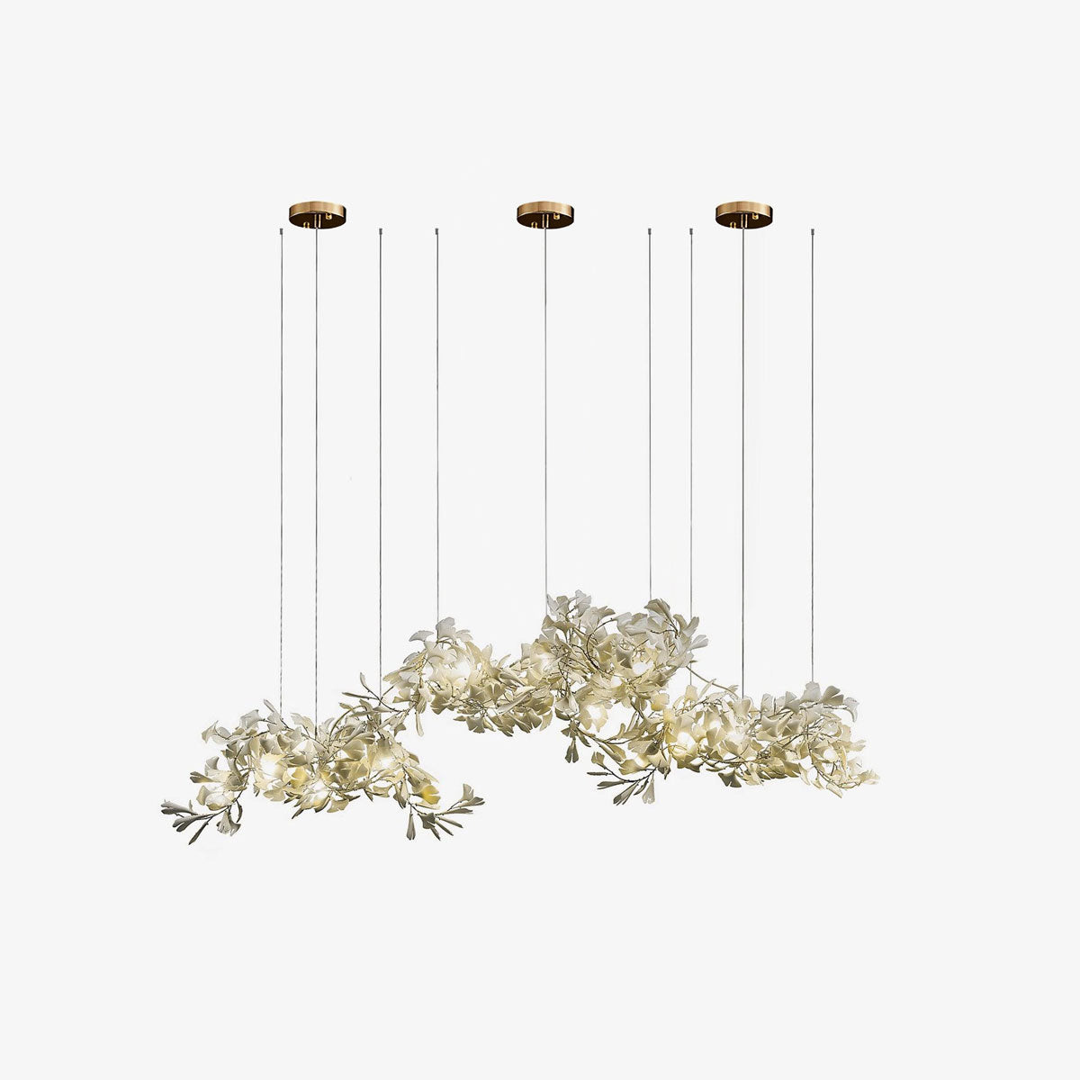 Clérachic gingko cluster chandelier on white, several leaf sprays hung at staggered heights.