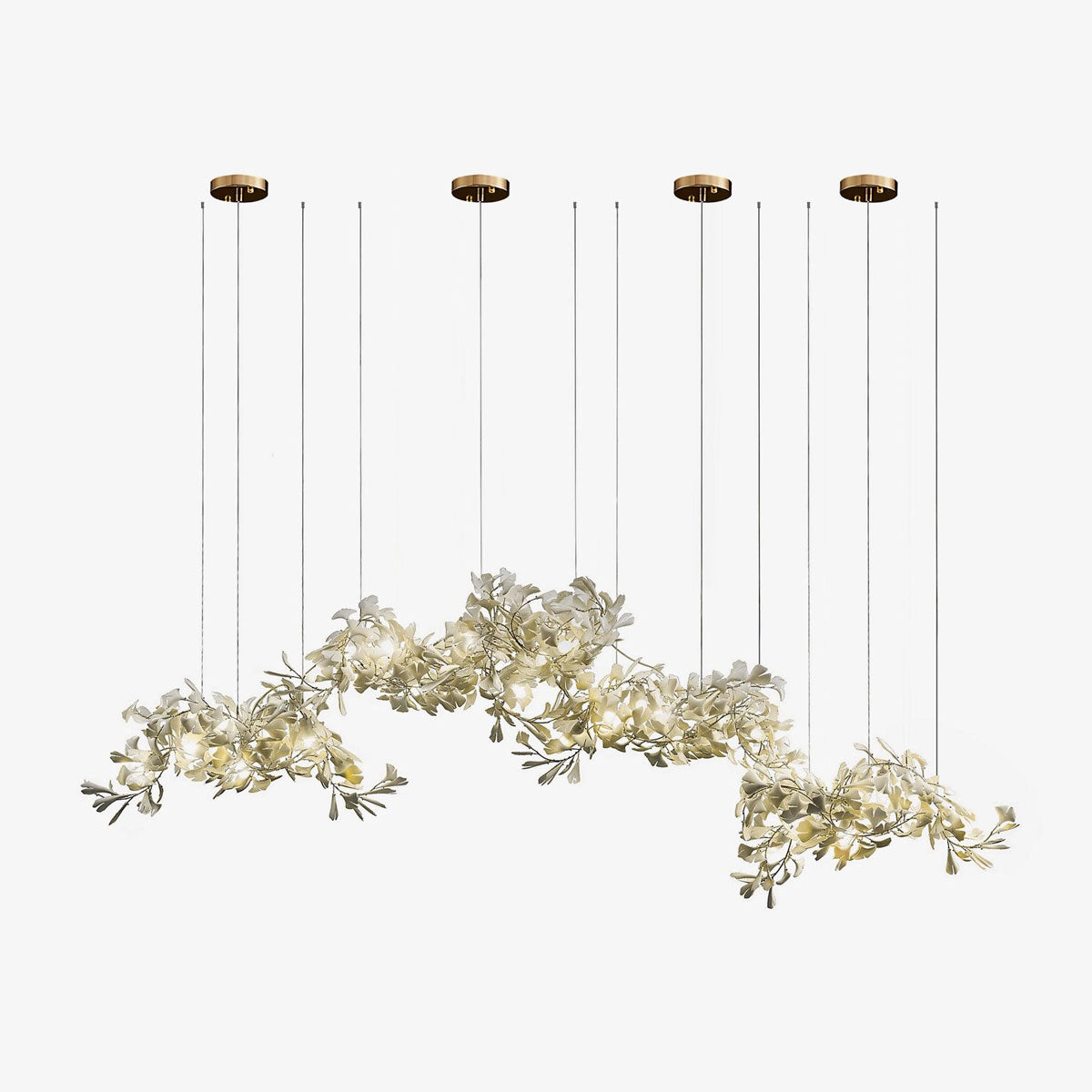 The Clérachic gingko cluster chandelier on white, four canopies dropping leaves at different levels.