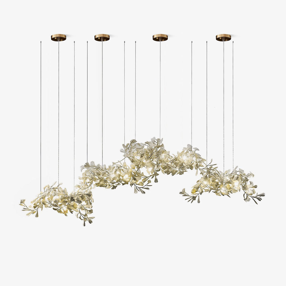 Clérachic gingko cluster chandelier seen wide, leaf clusters staggered across four gold canopies.