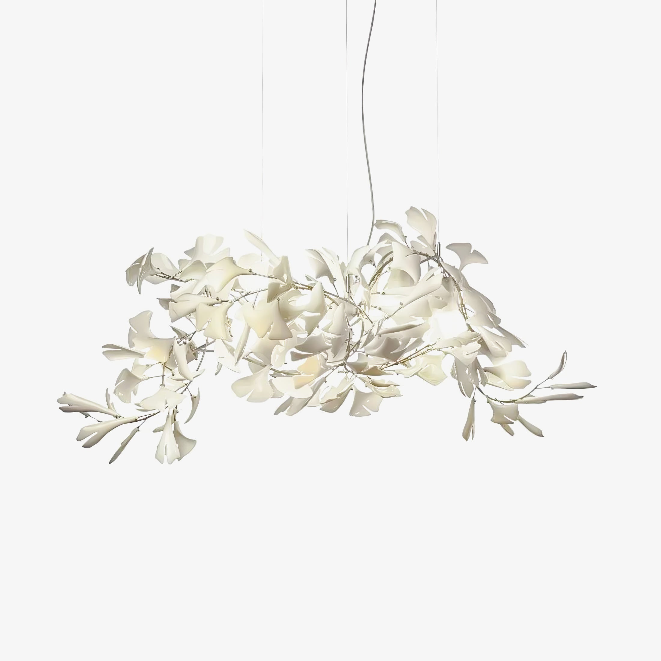 Clérachic gingko chandelier on a pale background, leaves spread in a low wide cluster.